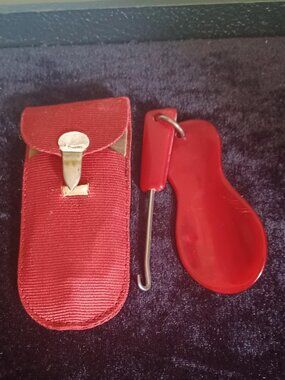 Vintage Red Bakelite Shoehorn with Spat Hook with Original Case